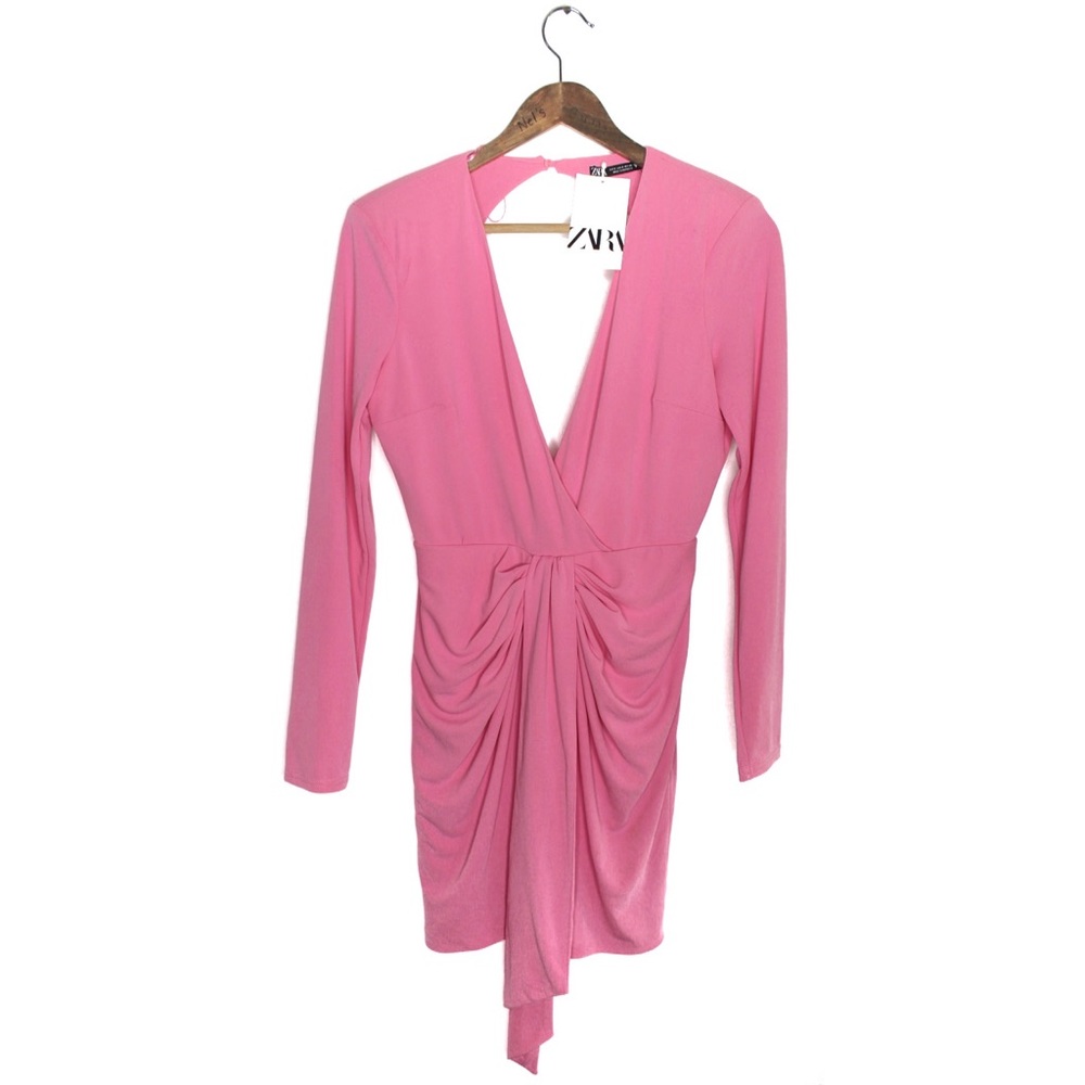 Zara Barbie Pink Draped Knotted Mini Dress Small - Picture 3 of 13
